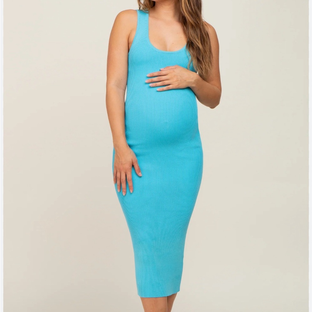 Aqua Ribbed Low Back Cut Out Sleeveless Maternity Midi Dress